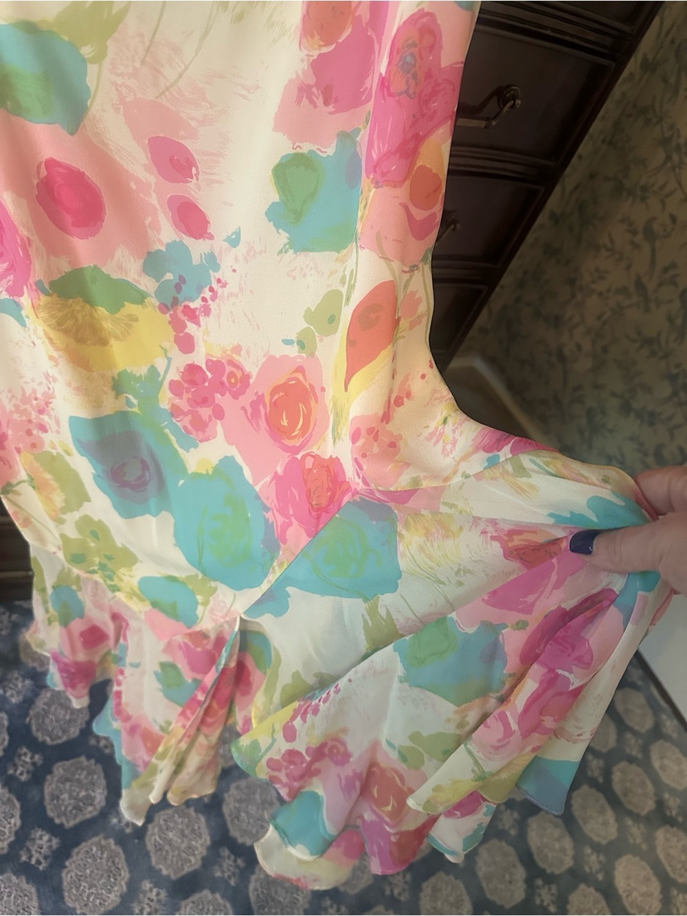 Dana Buchman silk lined skirt asymmetrical size 12 pink green watercolor $335 - Picture 2 of 16